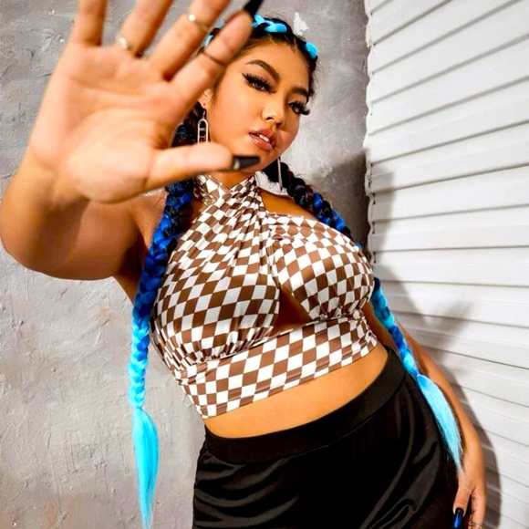 Plus Checker Print Backless Halter Top - Picture 1 of 2